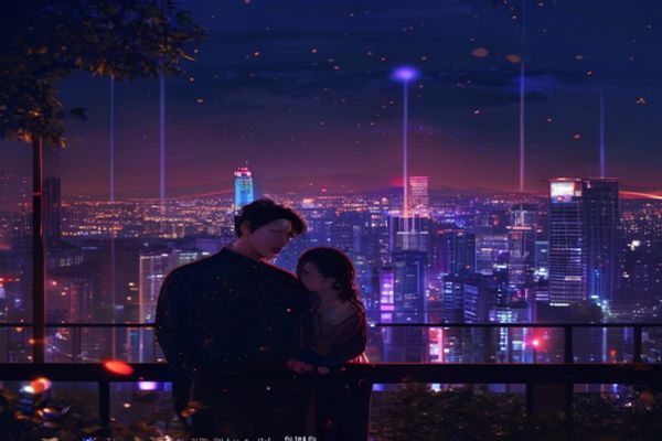 韩剧场景展示，主角对视的浪漫城市夜景，霓虹灯光渲染出韩式都市爱情剧氛围，画面精致唯美